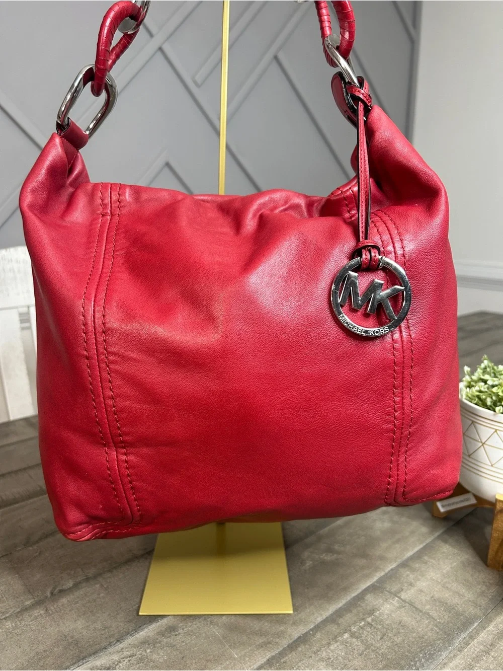Michael Kors Red Leather Slouchy Hobo Shoulder Bag Silver Chain Accent